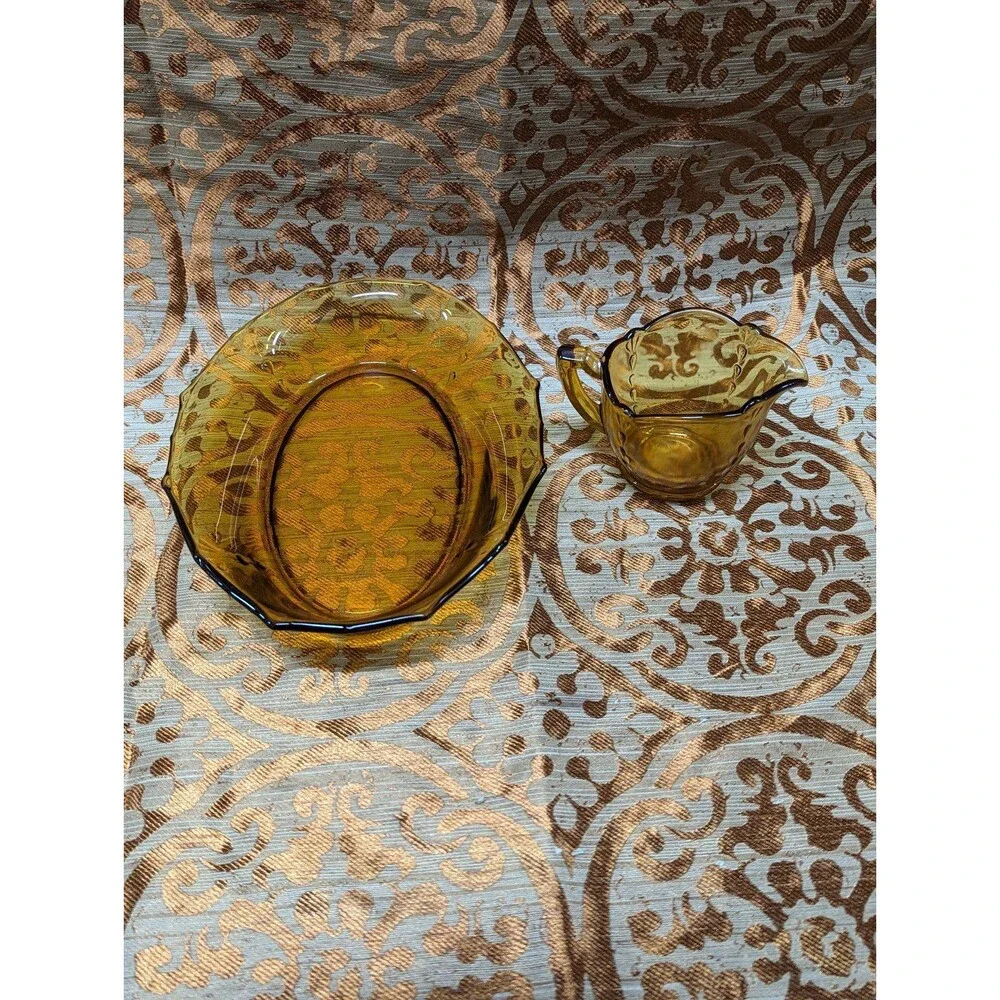 Vintage Amber Pressed Glass Creamer and Tea Platter‎ Tray Serving Dish Plate